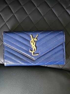 Saint Laurent Navy Quilted Leather Envelope Wallet with Gold YSL
